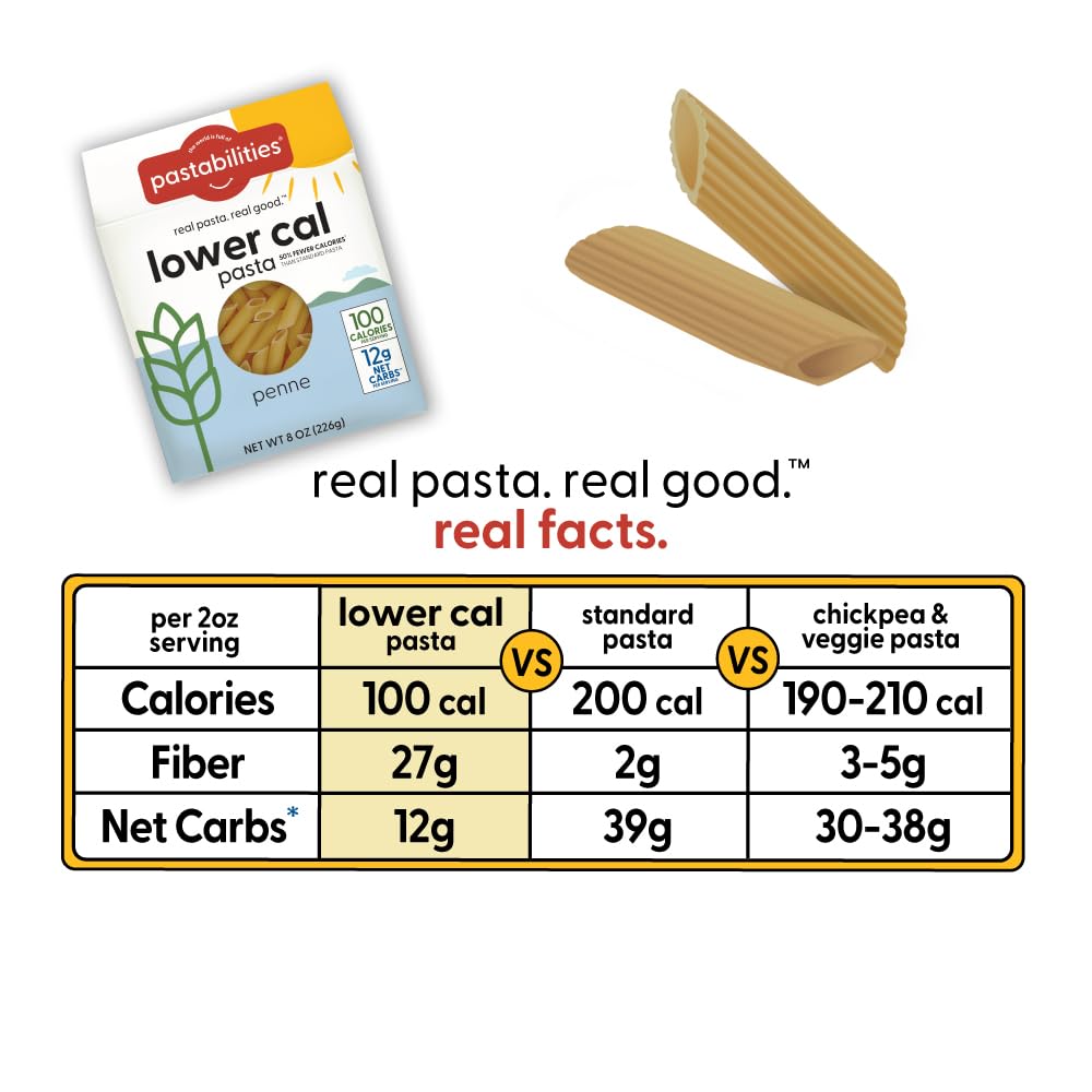 Pastabilities, Lower Calorie Pasta, Penne – 100 Calories Per Serving, Low Net Carbs, Low Calorie, Non-Gmo, High Fiber, Vegan, Plant-Based, Enhanced Nutrients, Delicious Taste & Texture (8 Ounce, 2 Pack)