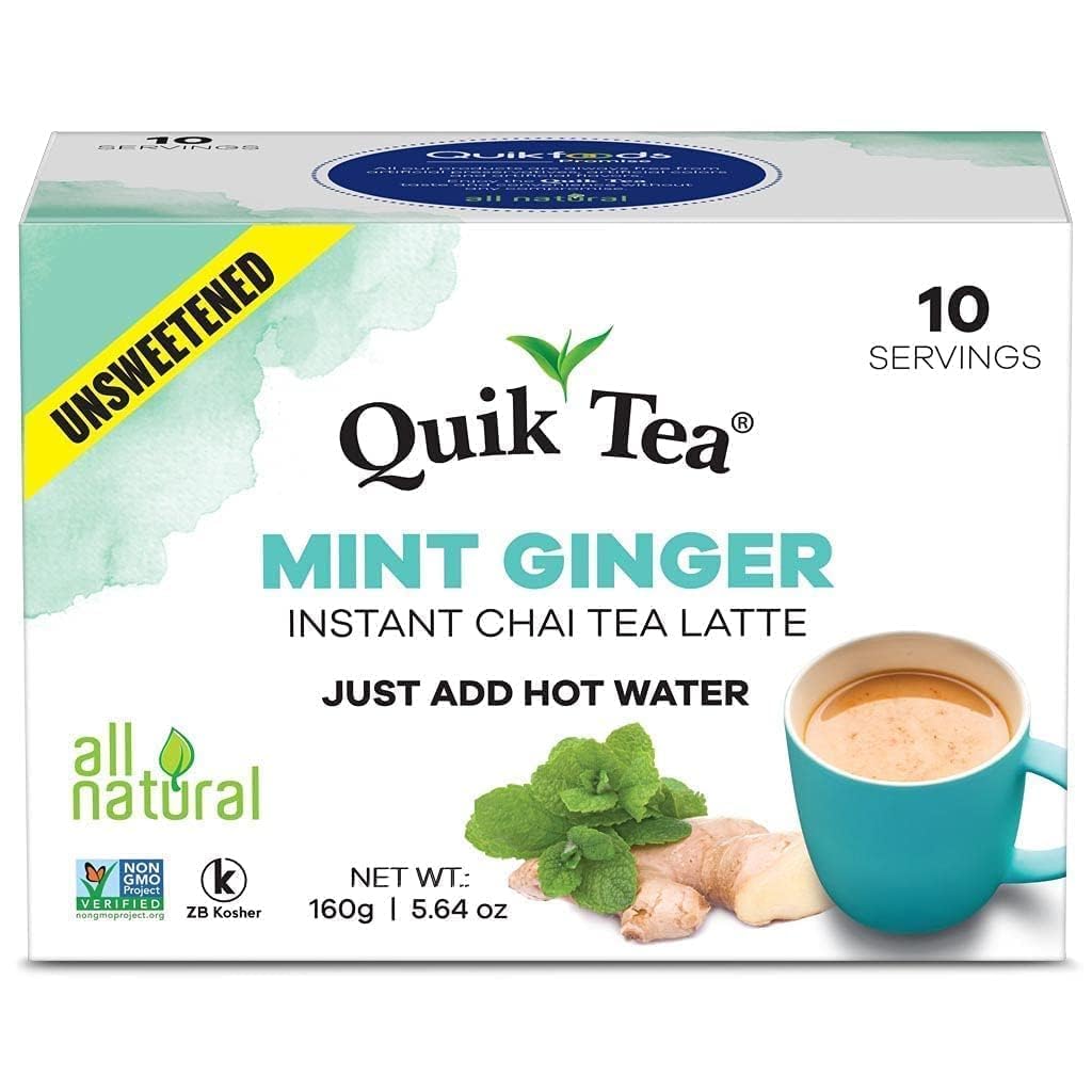 QuikTea Mint (Pudina) Ginger Chai Tea Latte - 10 Count Single Box - All Natural & Preservative Free Authentic Instant Chai Tea -