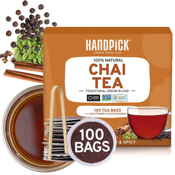 Handpick Masala Chai Tea Bags (100 Count) Strong Robust & Aromatic, Blended With Exotic Spices, Cinnamon, Black Pepper, Cloves &