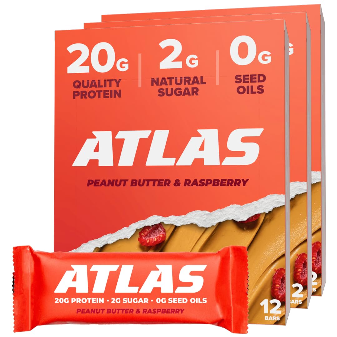 Atlas Bar - 20g Protein, 1g Sugar, 0g Seed Oils, 0g Artificial Sweeteners (36 Count, Peanut Butter Raspberry)