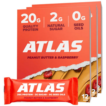 Atlas Bar - 20g Protein, 1g Sugar, 0g Seed Oils, 0g Artificial Sweeteners (36 Count, Peanut Butter Raspberry)