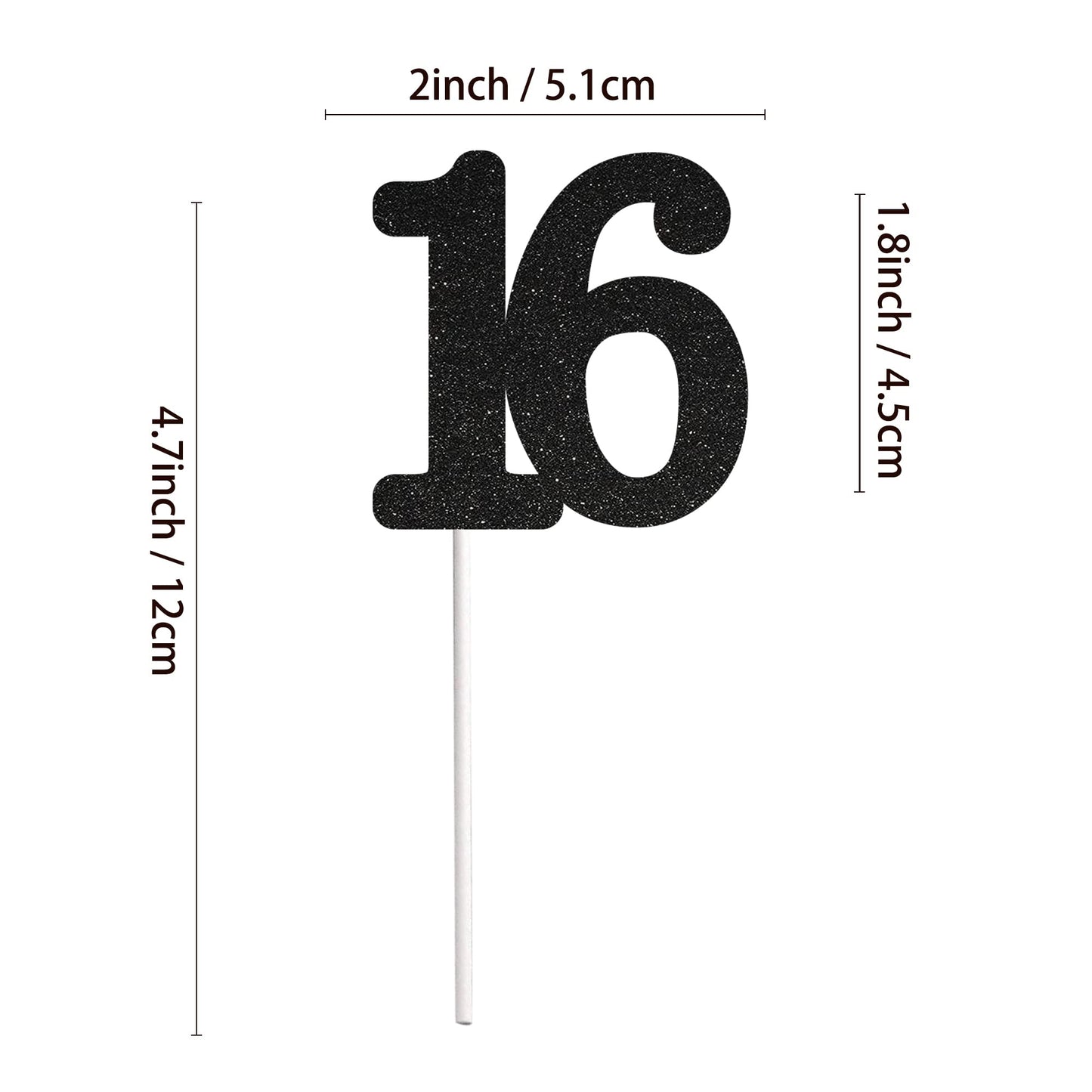 Sumerk 24Pcs Number 16 Cupcake Toppers Black Glitter 16Th Birthday Cupcake Picks Anniversary Party Decorations