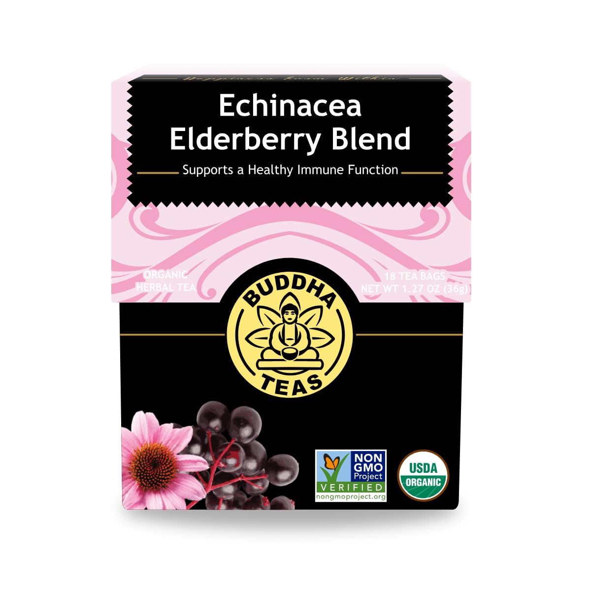 Buddha Teas Organic Echinacea Elderberry Herbal Tea - 18 Count, OU Kosher, Non-GMO, Caffeine-Free