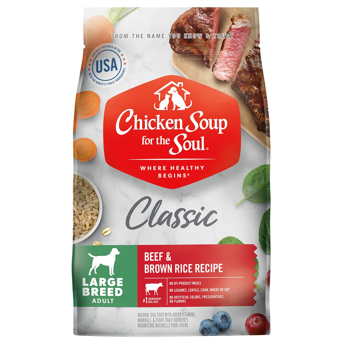 Chicken Soup For The Soul All Natural Enhanced Large Breed Mature-Themed Dry Dog Food, Real Meat First Ingredient, No By-Products, Supports Heart, Gut & Immune Health, Beef & Brown Rice, 28Lb
