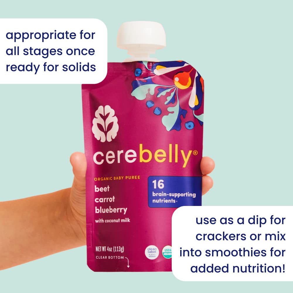 Cerebelly Organic Baby Food Pouches, Beet Carrot Blueberry Purees, 16 Nutrients, No Added Sugar, Fiber & Non-GMO, 4oz, 12 Pack