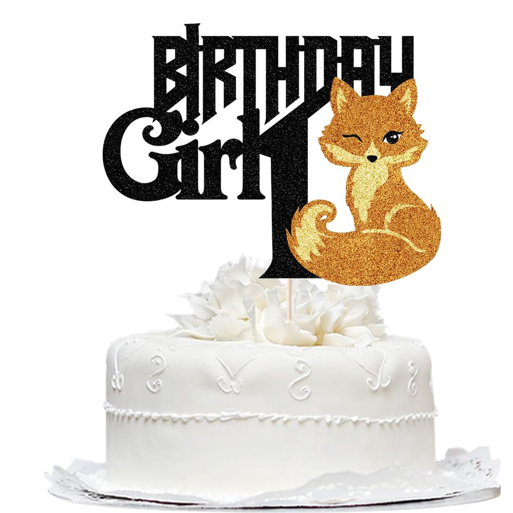 Black Glitter Birthday Girl 1 Cake Topper Animal Fox Theme Decoration,1st Birthday girl fall woodland forest animals cake Decor,