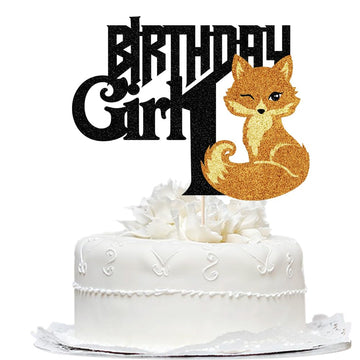 Black Glitter Birthday Girl 1 Cake Topper Animal Fox Theme Decoration,1st Birthday girl fall woodland forest animals cake Decor,