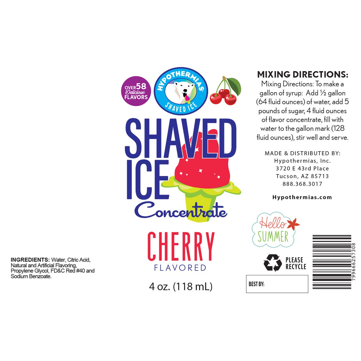 Hypothermias Shaved Ice And Snow Cone Syrup Unsweetened Flavor Concentrate - 4 Fl Oz - Makes 1 Gallon Of Ready To Use Syrup - Ch