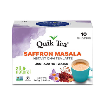 Quiktea Saffron Masala Chai Tea Latte - 10 Count Single Box - Non Gmo All Natural Wellness Comfort Tea (Regular)