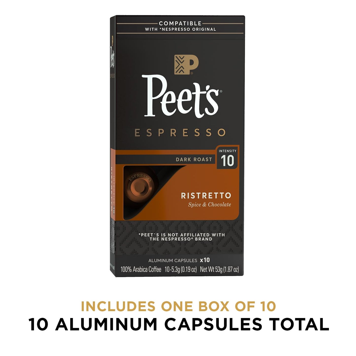 Peets Coffee Dark Roast Espresso compact pieces - Ristretto, 10 Count, Compatible with Nespresso Original Machine, Model 512818