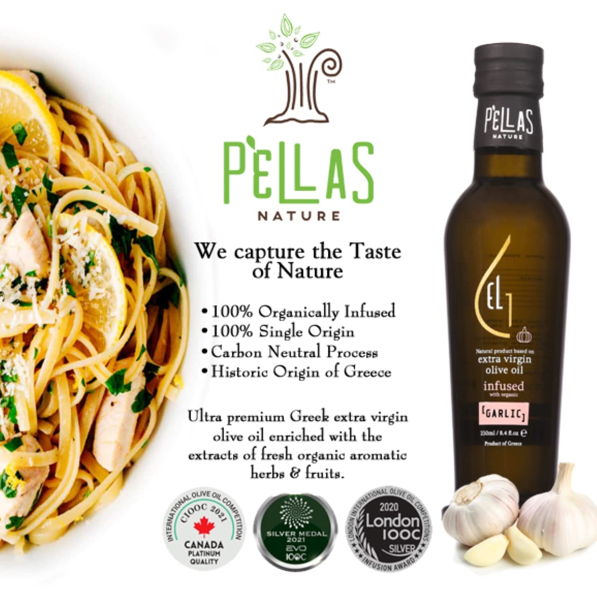 Pellas Nature Organic Garlic Infused Extra Virgin Olive Oil, 8.5 oz, Kosher, Glass Bottle, Gold Award