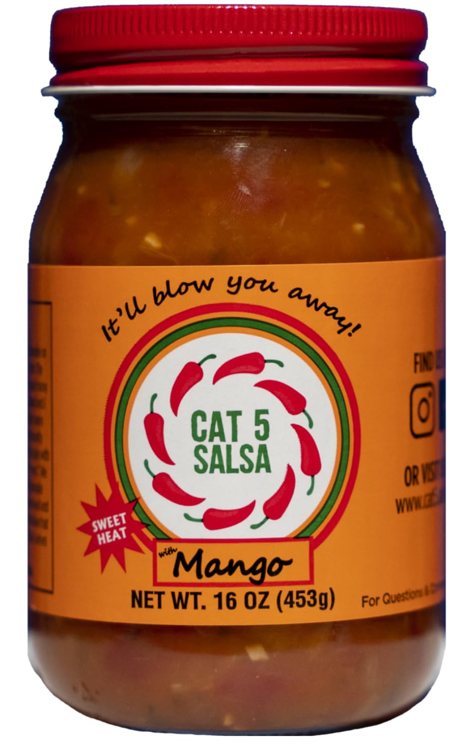 CAT 5 SALSA Mango Chili Sauce - Gourmet Salsa for Dips & Snacks - 16 oz Jar