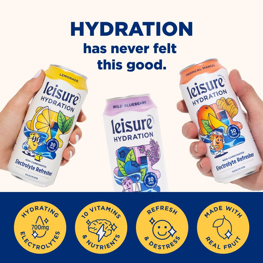 Leisure Drinks - Electrolyte Drink Variety Pack [Electrolyte Refresher - 16oz Cans  12pk] - Low Sugar Hydration Drink - Get The Best Hydration Drink Packed w/ Magnesium & Ashwagandha For Mood & Stress Support