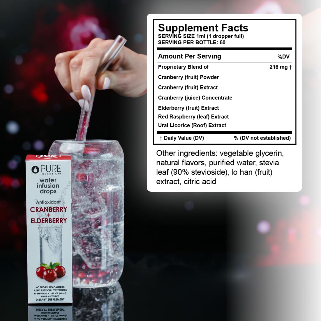 Pure Inventions Water Infusion Drops - Antioxidants, Electrolytes - No Sugar, Calories, or Artificial Sweeteners - Cranberry & E