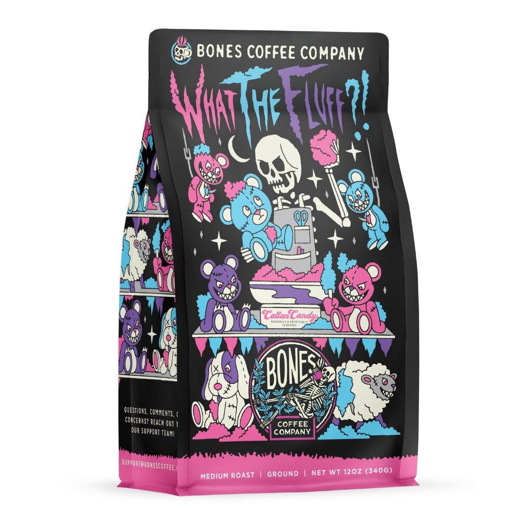 Bones Coffee Company What The Fluff?! Flavored Coffee Beans, Medium Roast Ground Coffee Low Acid, Berry Cotton Candy Flavor (12 Oz)
