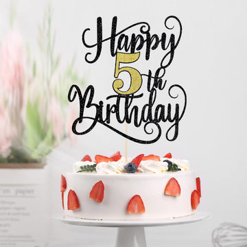 Ruscalin Happy 5Th Birthday Cake Topper,5Th Birthday Party Cake Decorations (Black And Gold Flashes, 5Th)