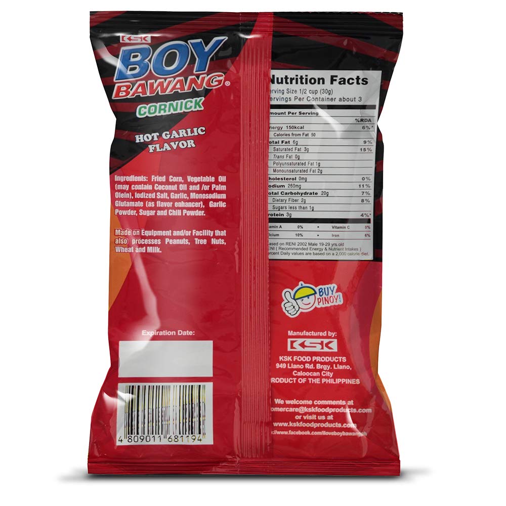 Boy Bawang Cornick, Hot Garlic - Crispy Tasty & Gluten-Free Corn Nuts 3.54 Ounces (100G), 3 Pack