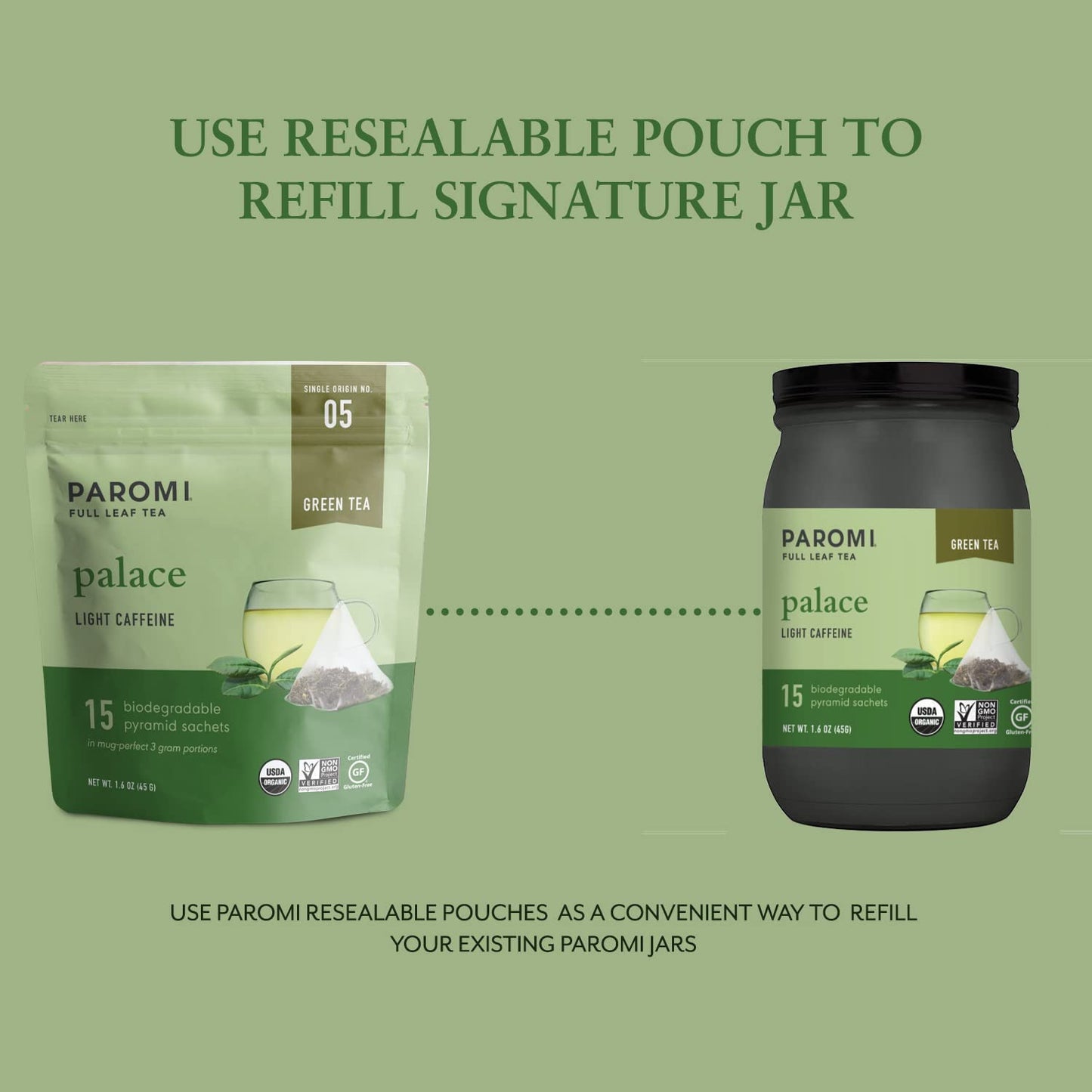 Paromi Palace Organic Green Tea, Signature Jar, 15 Count
