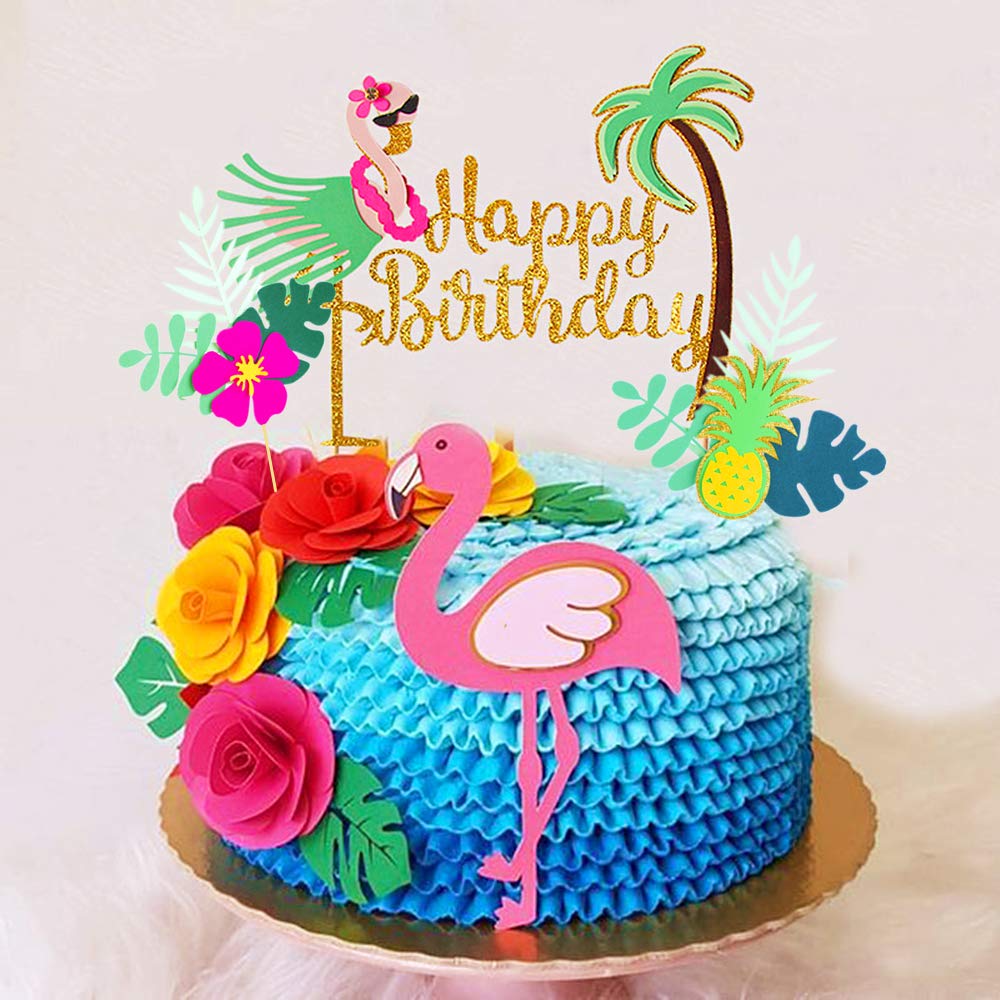 Laventy Set Of 3 Glitter Flamingo Happy Birthday Cake Topper Flamingo Birthday Supplies Tropical Hawaiian Themed Party Supplies