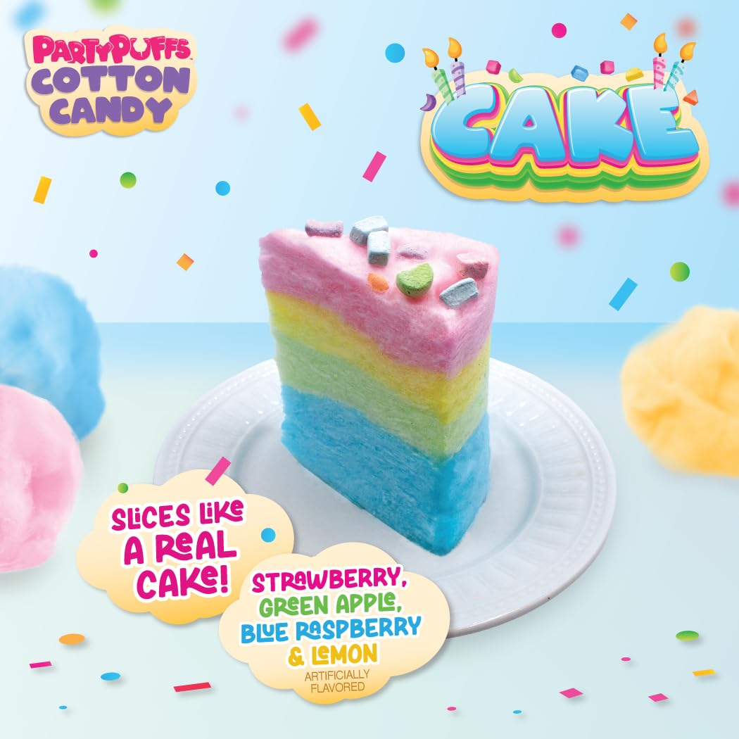 PartyPuffs Cotton Candy Cake - 4 Servings - Sliceable Celebration Cake With Strawberry  Blue Raspberry  Lemon & Green Apple Flavors - Fun Party Dessert With Crunchy Marshmallow Bits - Gluten-Free Treat & Made in USA - 4oz