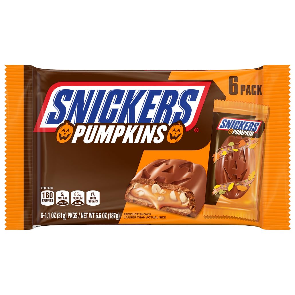 Snickers Pumpkins Milk Chocolate Halloween Candy Bar, 6 Pack, 1.1 Oz Each, Perfect for Trick or Treat and Halloween Party Favors