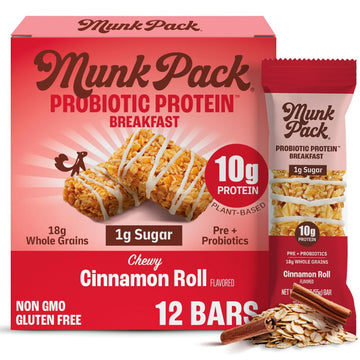 Munk Pack Probiotic Protein Breakfast Bars - 10g Plant Protein  1g Sugar  6g Fiber - For mature-themeds & Kids  Low Sugar Snack  Gluten-Free  Diabetic-Friendly  Non-GMO  Cinnamon Roll - 12 Pack