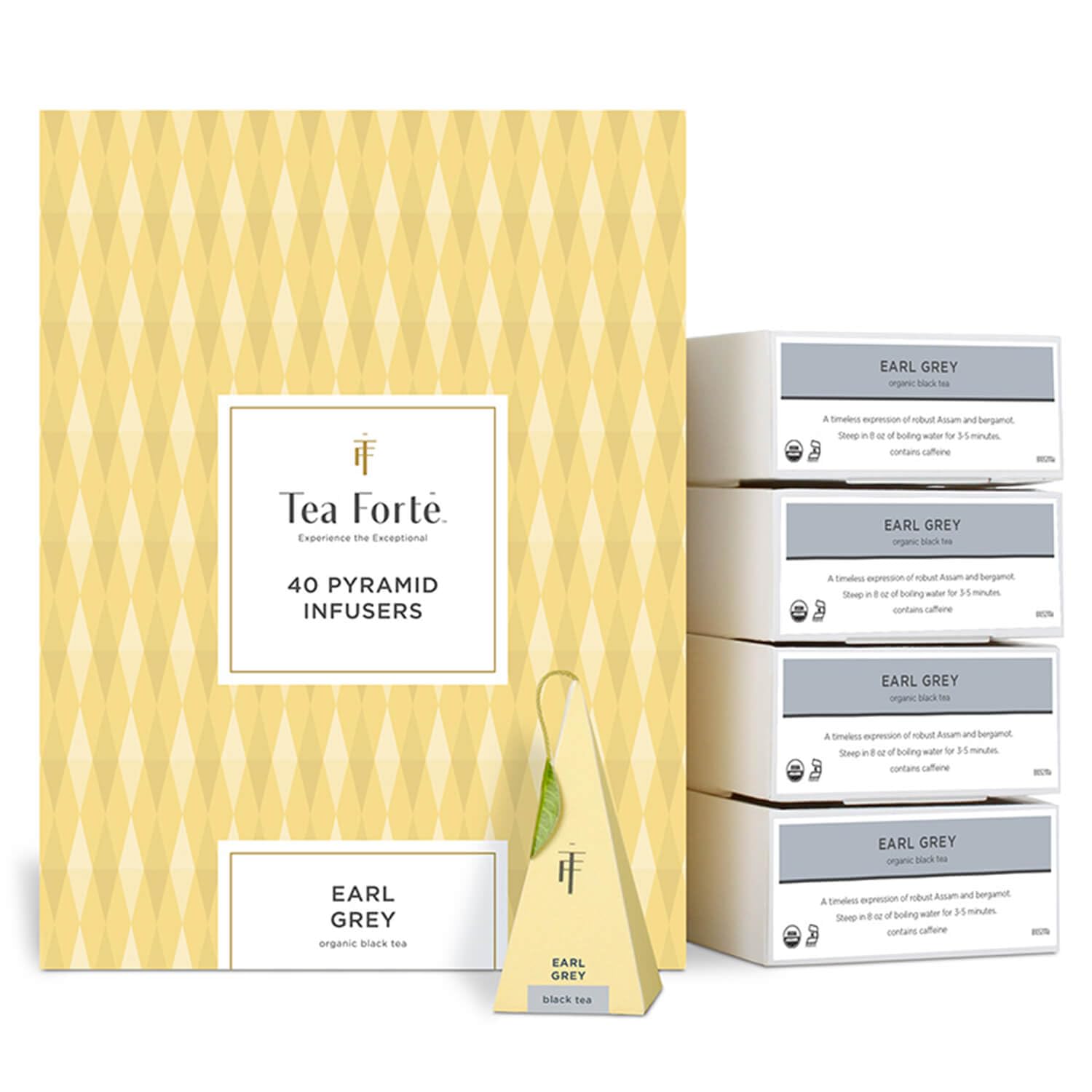 Tea Forte Earl Grey enhanced Organic Caffeinated Black Tea Blend Event Box  Bulk Pack 40 Count  10 per tray Individually Wrapped Handcrafted Pyramid Infusers