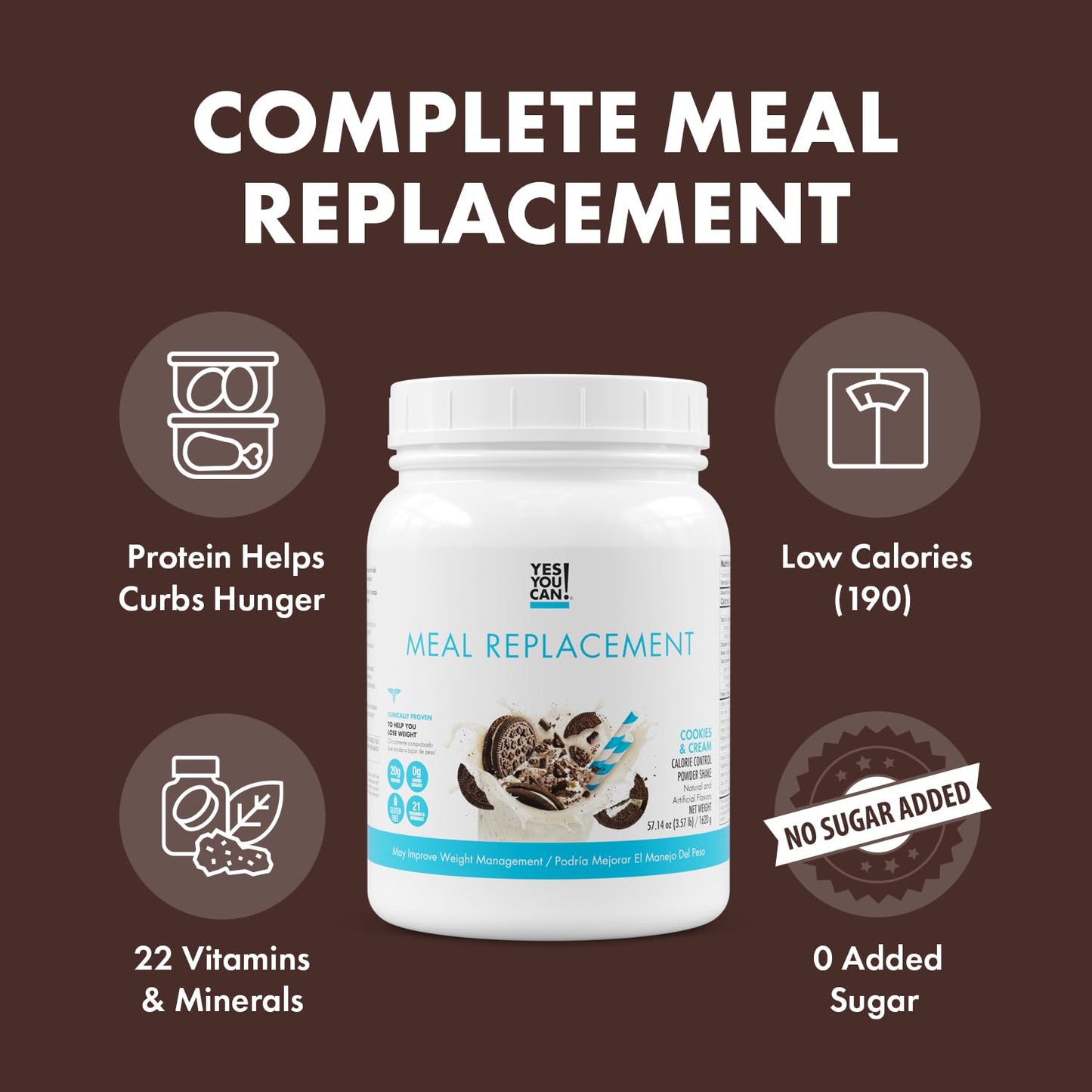 Yes You Can! Complete Meal Replacement Shake - 15 Servings, 20g Protein, 0g Added Sugars, Cookies & Cream