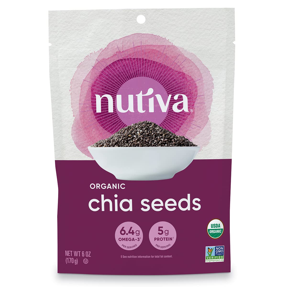 Nutiva Organic Black Chia Seeds, 6 Oz, Non-GMO, Vegan, Gluten-Free, Keto, Whole 30 Approved, Nutrient-Dense, 3g Protein & 5g