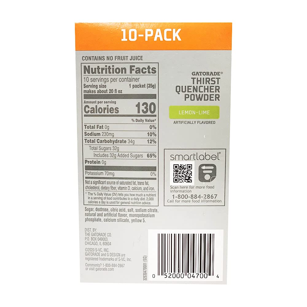 The Gatorade Company Gatorade Thirst Quencher Powder, 1.23Oz Packets, Makes 20 Ounces (Lemon-Lime), 1.23 Ounce (Pack Of 10)