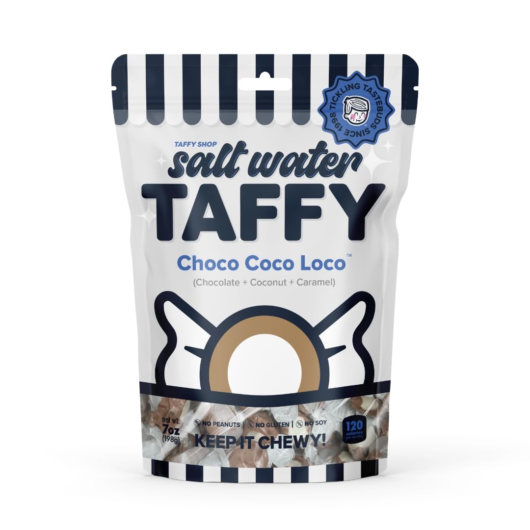 Taffy Shop Choco Coco Loco, Chocolate, Coconut, Caramel Salt Water Taffy - Gourmet Soft Chewy Candy, Bulk Sweet Snack, Fresh Gift & Gluten-Free, 140 Individually Wrapped Pieces (32Oz)
