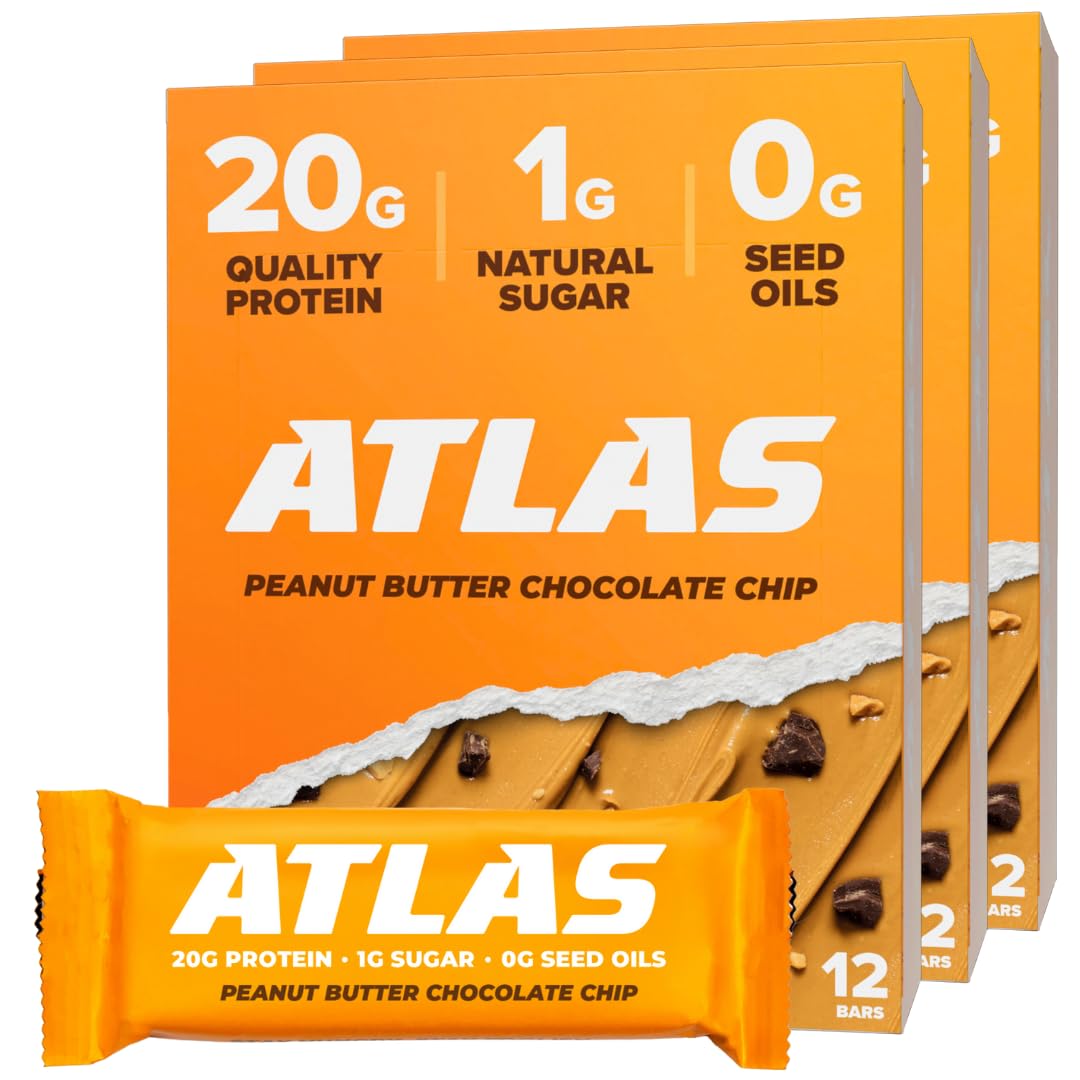 Atlas Bar - 20g Protein, 1g Sugar, 0g Seed Oils, 0g Artificial Sweeteners (Peanut Butter Chocolate Chip, 36 Count)