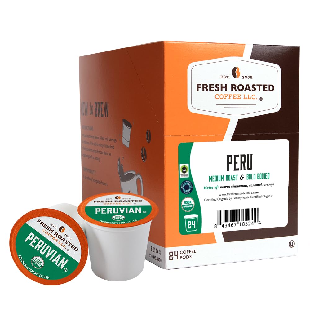 Fresh Roasted Coffee K-Cup Compatible Pods, Organic Peru, Fair Trade, 24 Count, Coffee