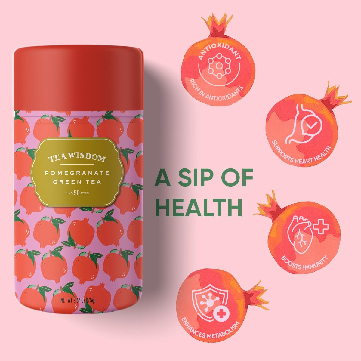 Tea Wisdom Gourmet Organic Pomegranate Green Tea Bags, 50 Count, Non-GMO, Caffeinated, Herbal Antioxidant Teas for Women