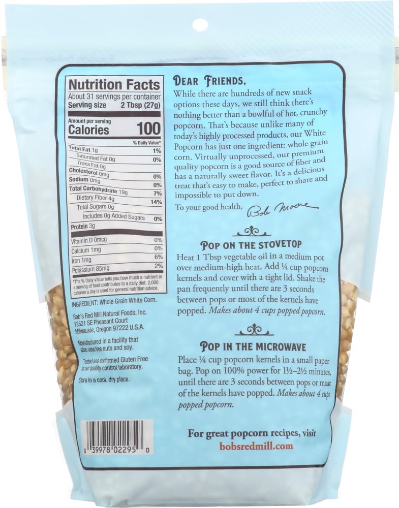 Bobs Red Mill Resealable Whole White Popcorn, 30 Ounce (Pack of 2)