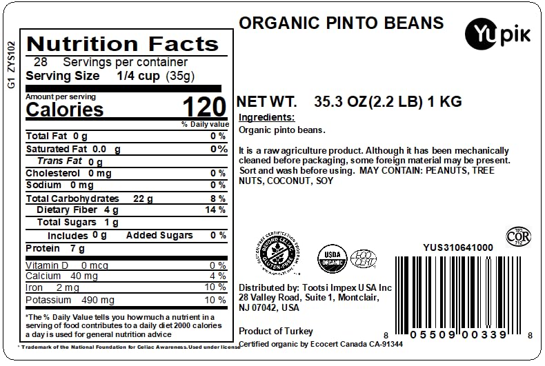 Yupik Organic Pinto Beans, 2.2 lb,35.2 Ounce, Non-GMO, Vegan, Gluten-Free (Pack of 2)