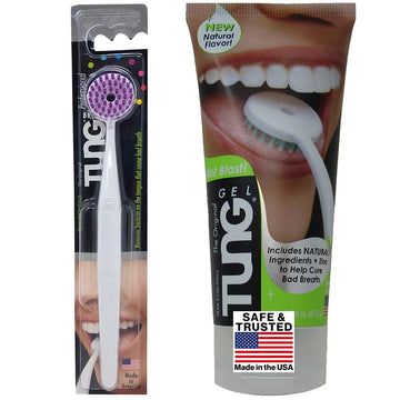 Peak Essentials | Tung Natural Brush & Gel Kit | Tongue Cleaner For Adults | Tongue Scraper To Fight Bad Breath And Halitosis | 
