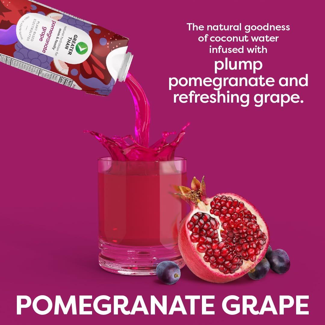 Greater Than Nutrient Hydration Beverage  Electrolyte Drink for Gut Health & Energy with Coconut Water  Vitamins  Gluten Free  Plant Based  Low Sugar  Pomegranate G  24 Pack