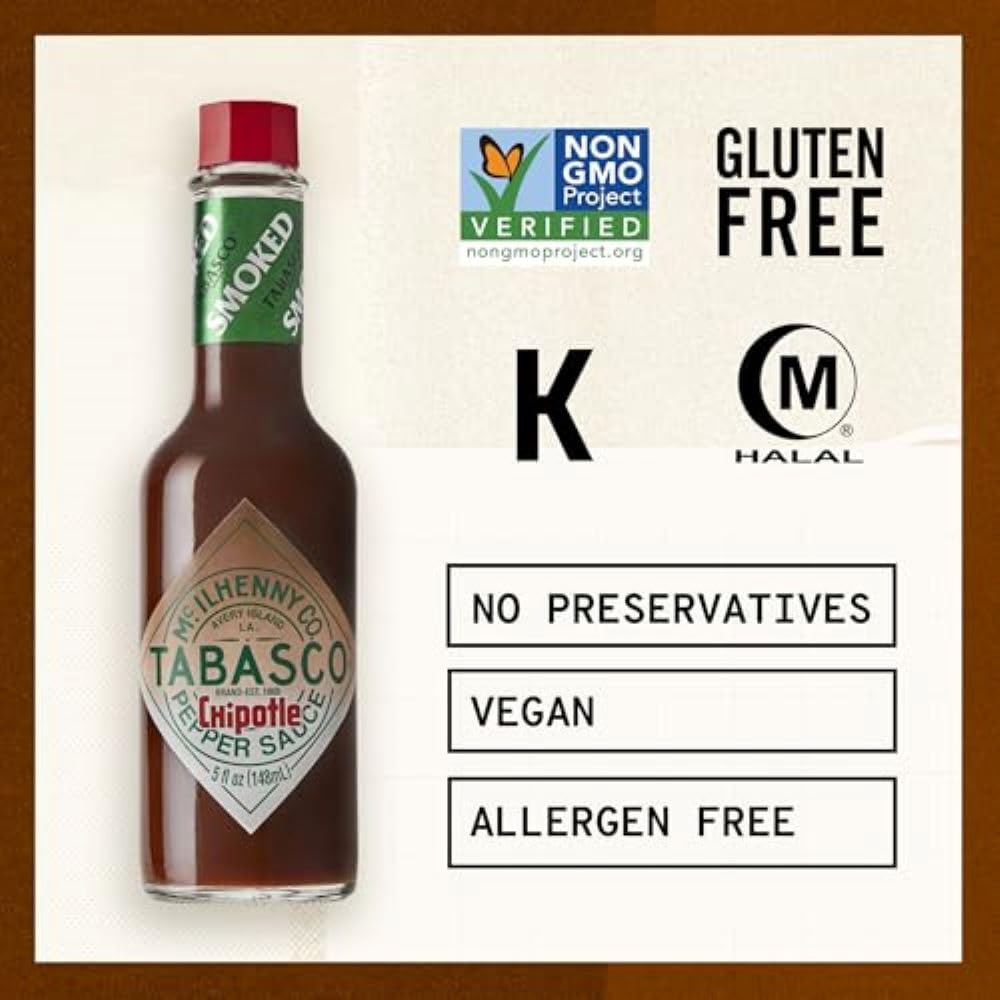 Tabasco Brand Chipotle Pepper Sauce, Medium Hot Sauce, Glass Bottle, Chipotle Peppers, Smoky & Smooth, Great For Marinating Or Grilling Meats, Chicken Burritos, & More, 2 Fl Oz (Pack Of 1)