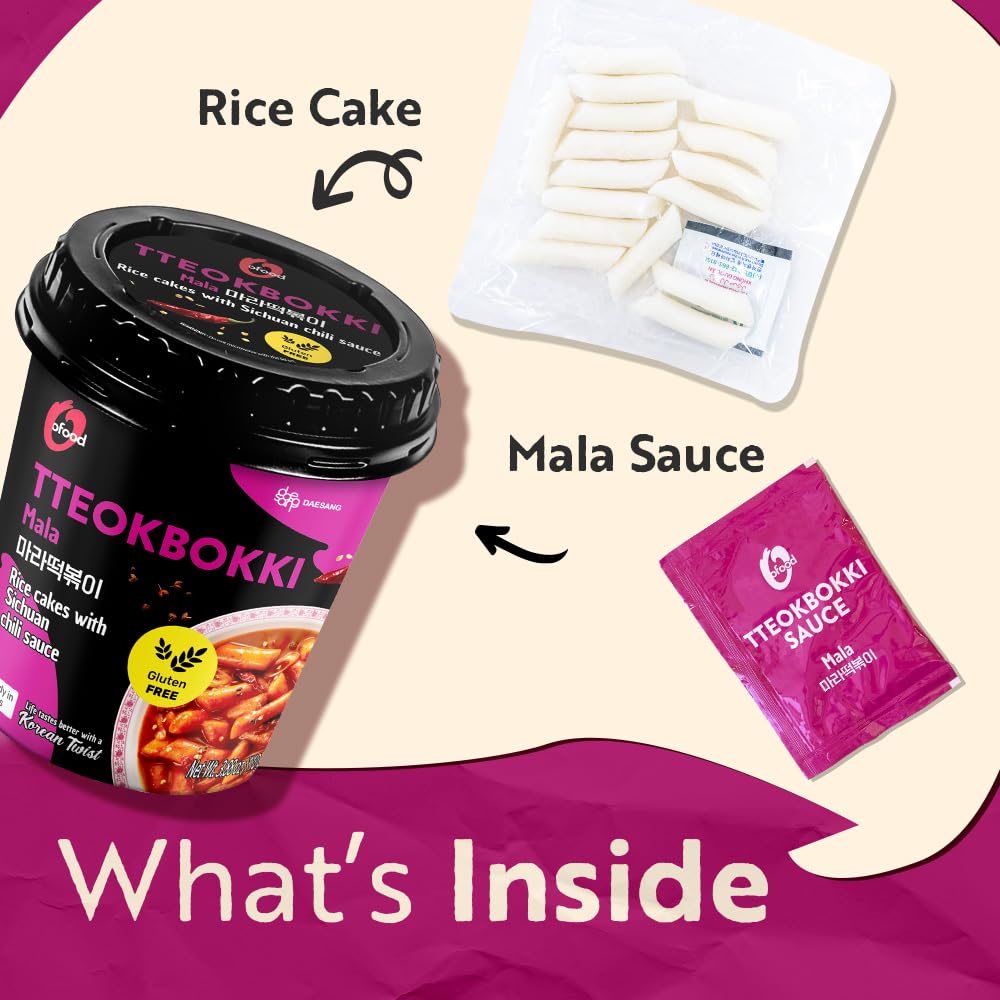 O'Food Mala Cup Tteokbokki Pack Of 6, Numbing & Spicy Sichuan Pepper Flavor, Gluten-Free Korean Rice Cakes, Microwaveable & Inst
