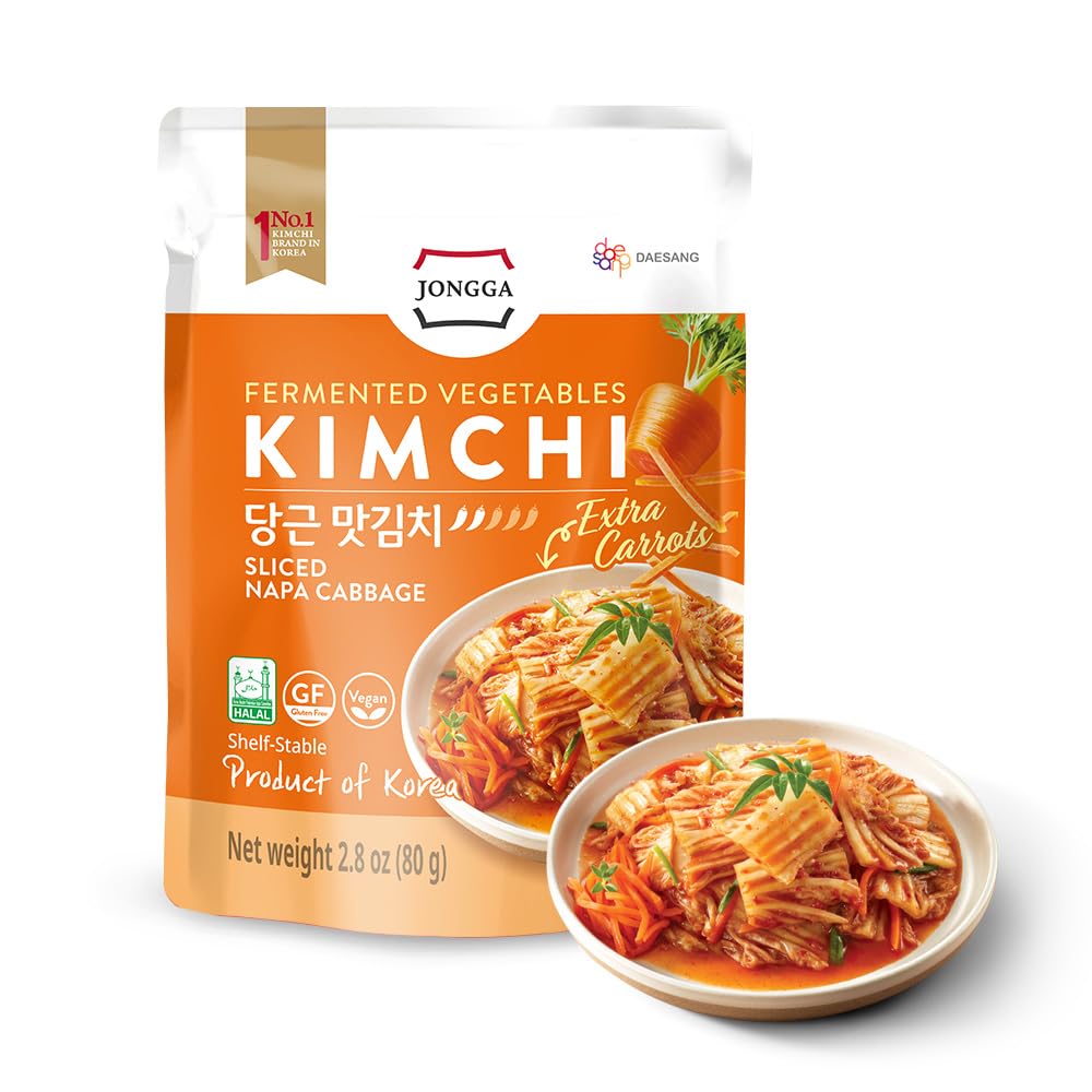 Spicy Top-Grade Kimchi Cabbage Napa [ Mini Pouch Pack Of 8] - [Extra Carrot (Mild)] - (Gluten Free / Vegan) | 0 Fat/ 0 Sugar/ 0 Cholesterol | Fermented Kimchi | Long Shelf Life | Perfect For Ramen & Stir-Fries - Jongga