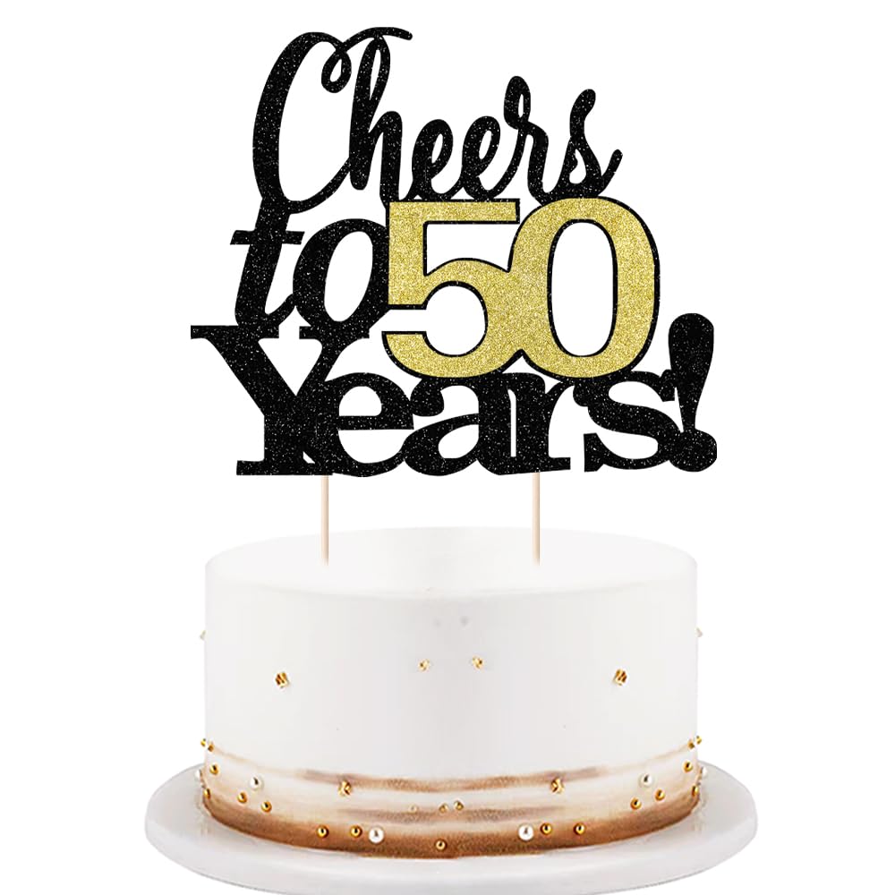 LVEUD Cake Topper - Cheers to 50 Years, 7x8 inches, Black Font with Golden Numbers, Model LX322-334