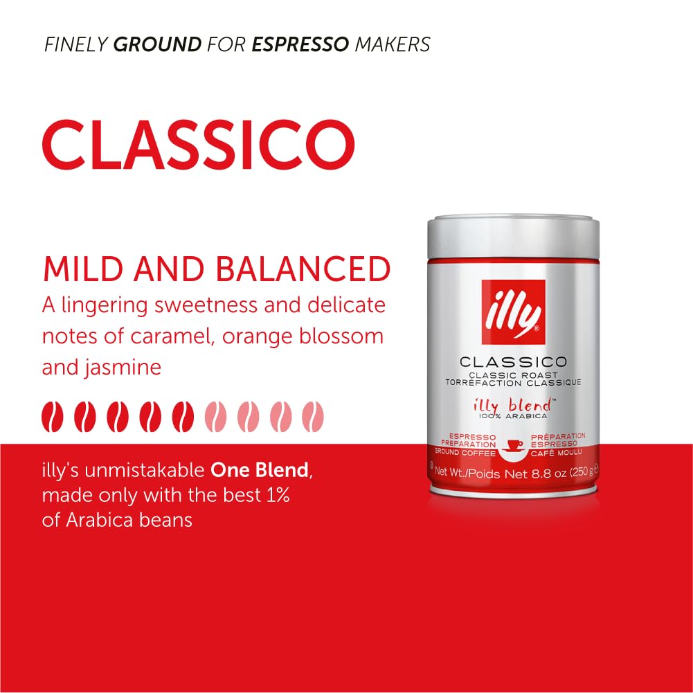 Illy Ground Coffee Espresso - 100% Arabica Coffee Ground – Classico Medium Roast - Notes Of Caramel, Orange Blossom & Jasmine - Rich Aromatic Profile - No Preservatives – 8.8 Ounce, 6 Pack