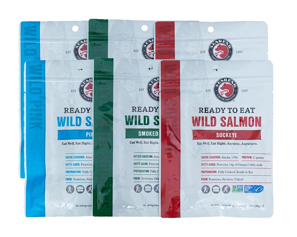 SeaBear - Ready-to-Eat Wild Alaskan Salmon Variety - 3.5 oz - 6 Pack