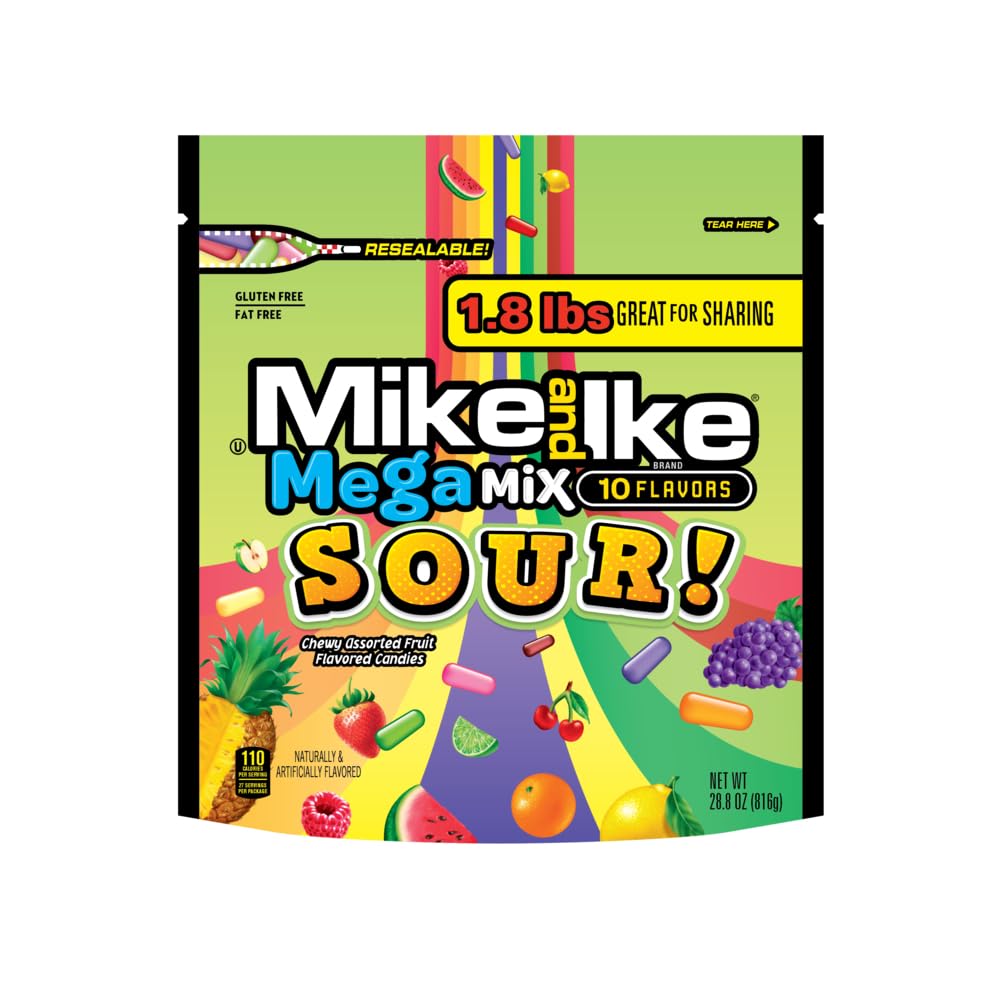Mega Mix Sour Mike And Ike Candy, 28.8 Ounce Bag (Pack Of 2), Chewy Candy, Vending Machine Candy, Gummy Candy Mix, Sour Candy