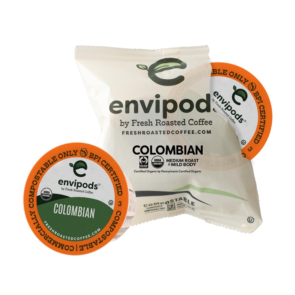 Fresh Roasted Coffee Organic Colombian Fair Trade Envipods, Medium Roast, 36 Count for Keurig K Cup Brewers