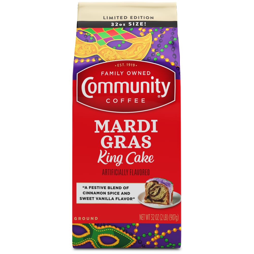 Community Coffee Mardi Gras King Cake Flavored Ground Coffee, Medium Roast, 32 Ounce Bag, Red