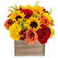 Warm Glow in Wooden Vase | Yellow  Orange and Red Fresh Flower Foam Arrangement | Arabella Bouquets | Flowers for Delivery  THanksgiving  Birthday  Congratulations