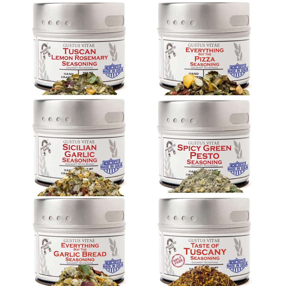 Gustus Vitae Italian Seasoning Gift Set - Artisanal Spice Blends, 4.67 oz (Pack of 6), Non-GMO, All Natural, Magnetic Tins, Silver
