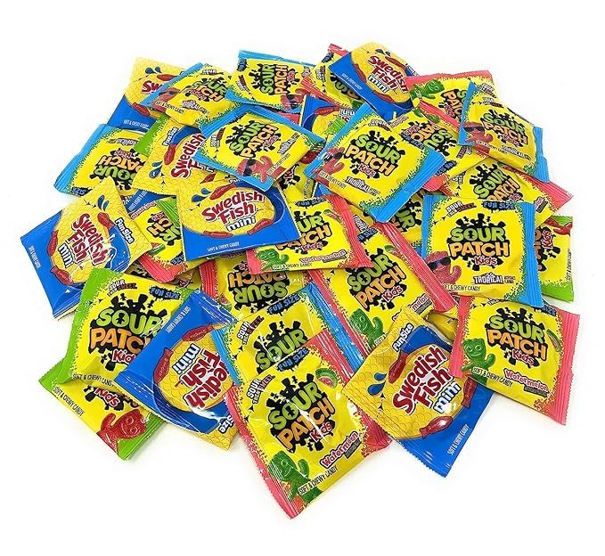 Bulk Gummy Candy Assortment - 1.5-Lbs Sour Patch Kids Original, Tropical and Watermelon, and Swedish Fish Minis - Sweet and Sour